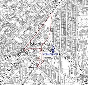 Bebauungsplan Gasometer (rot) - Straßensperrung (blau)